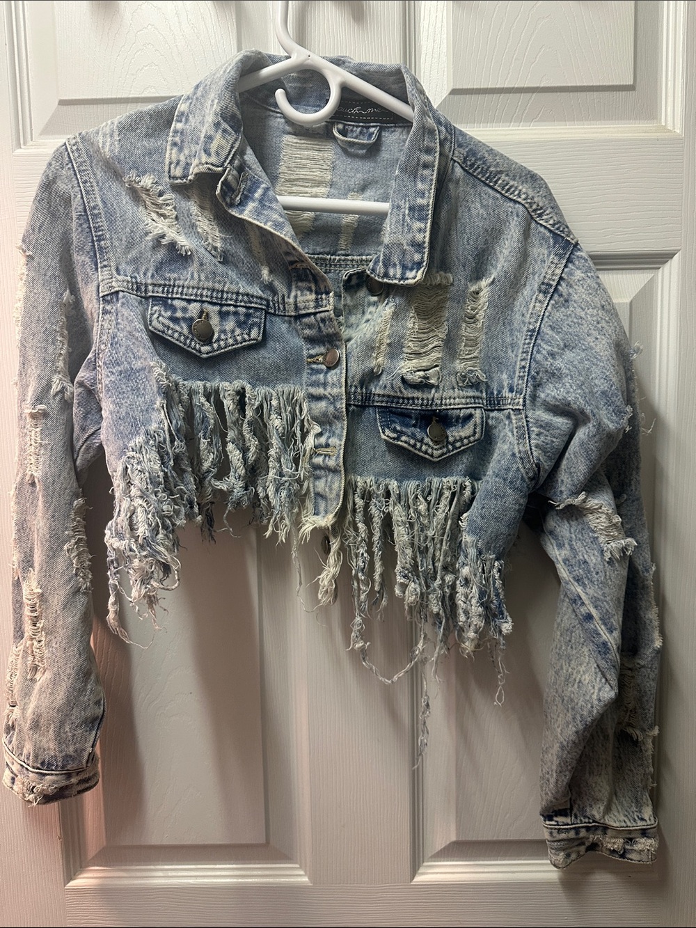 Cropped Distressed Light Blue Denim Jacket with Fringe